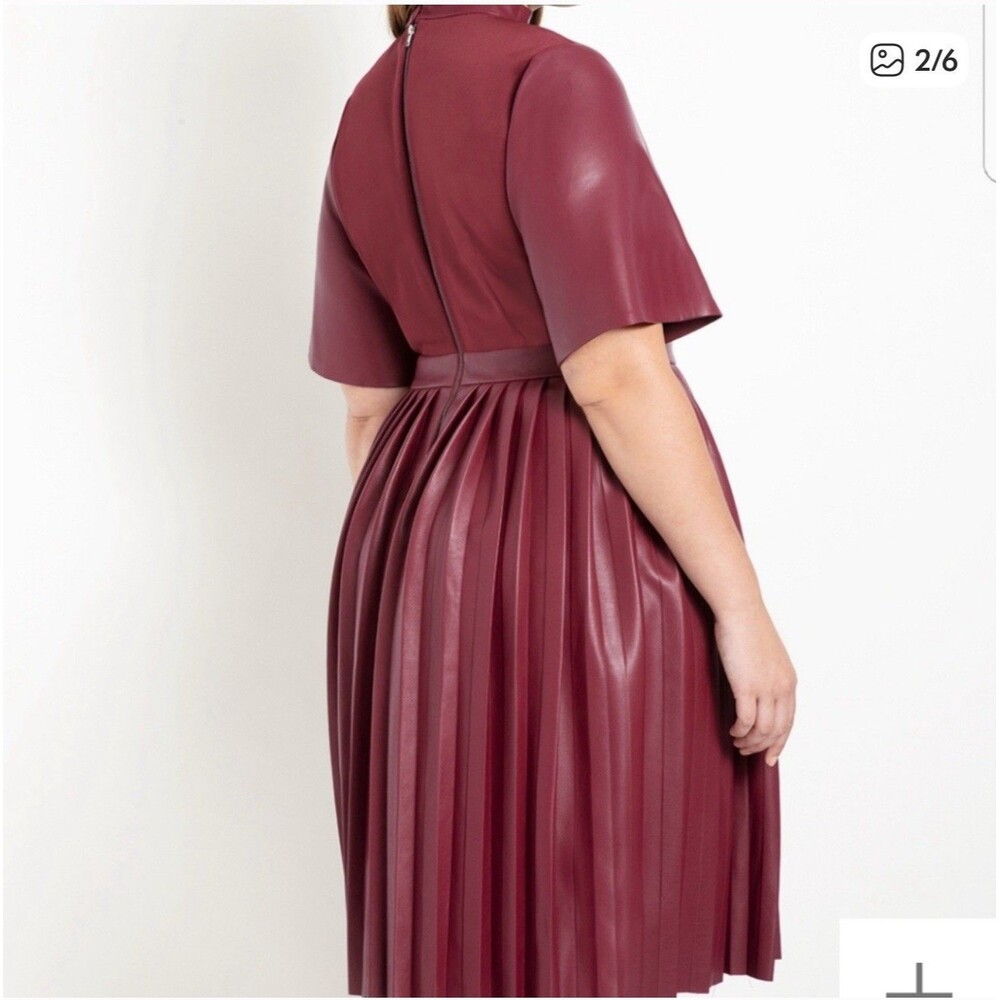 Eloquii Sz 16 Red Pleather Dress Bow Pleated Skirt - Picture 2 of 8